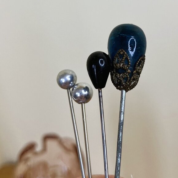Pink Glass Hat Pin Holder with Collection of Vintage Long Hatpins & Sewing Pins - Picture 4 of 9